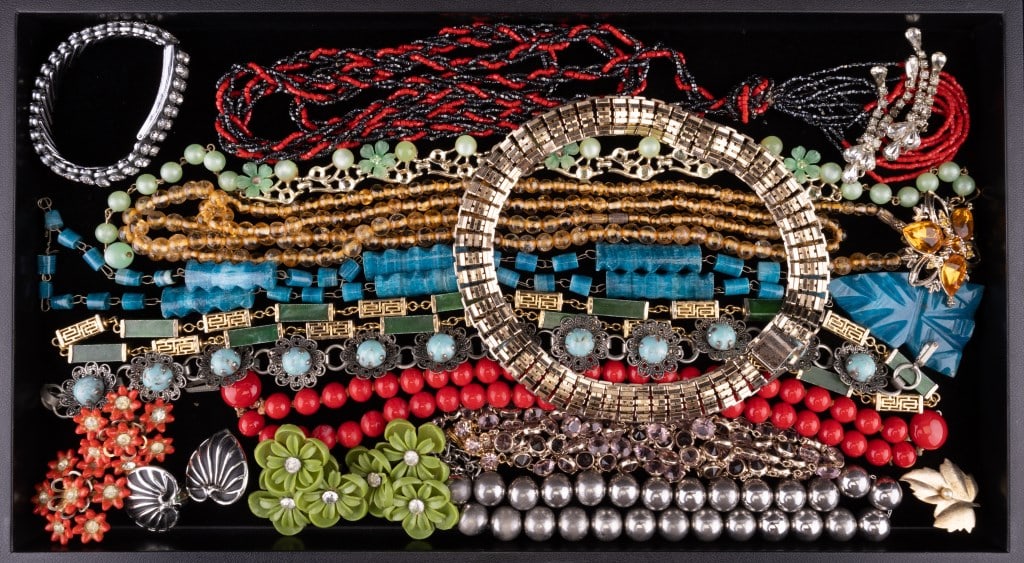 Coro & Other Vintage Jewelry: Green plastic Coro floral necklace, silver tone Coro "Pegasus" necklace, blue stone and various others. Napier