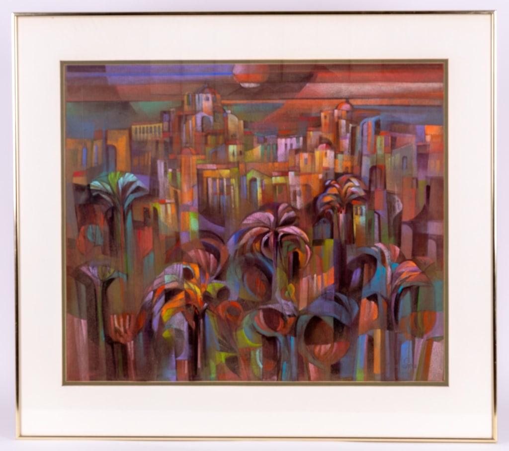 Original Virgil Sova Framed Pastel Art: Framed original Virgil Sova pastel illustration of a village. Measures approx 32" x 36" OD. Graphite signed by artist in LR.