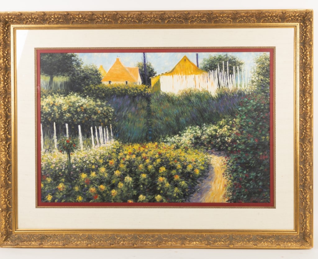 Greg Singley Oil Painting on Board, Signed: Signed Greg Singley oil painting on board. Framed and matted behind glass to approx 31" x 53". Features a farm scene with houses and greenery.