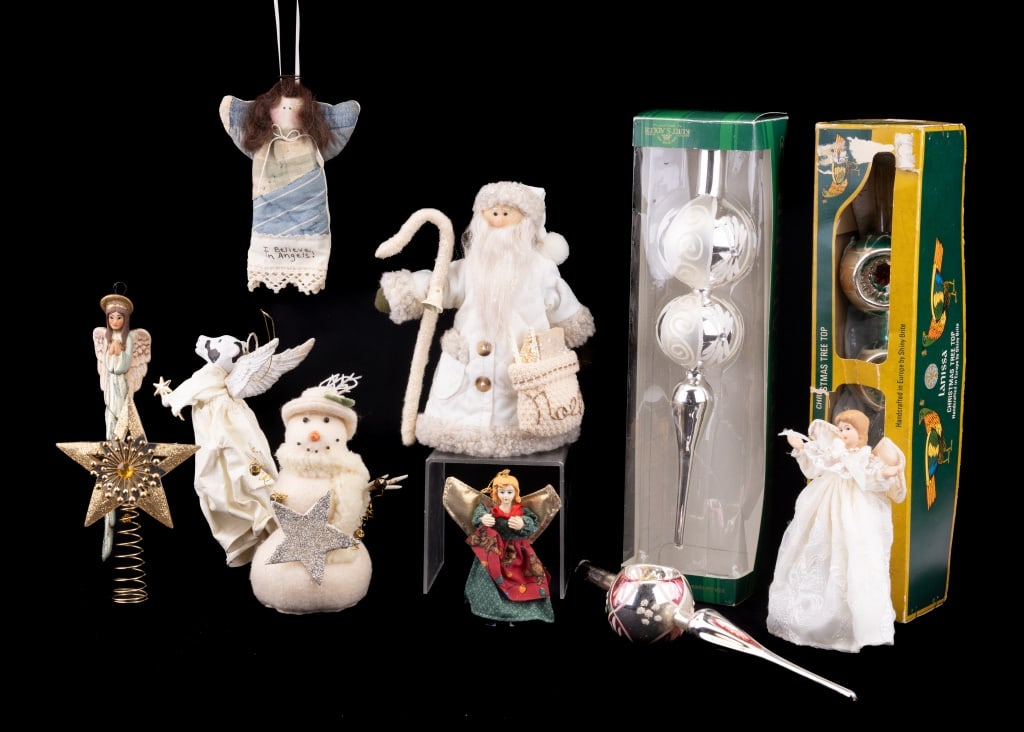 Vintage Christmas Tree Toppers & More: 11 piece lot includes vintage tree toppers, angels, snowman, Santa and more decorations. There are 4 tree toppers including one European made Shiny Brite. There are also other decorations and ornament