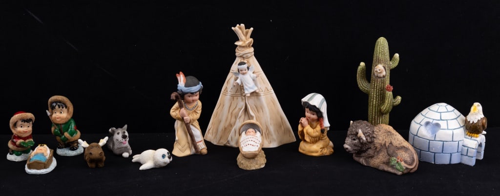 Native American Nativity & Eskimo Nativity: Christmas nativities including one porcelain Native American 5 piece set by Gregory Perillo's "Sagebrush Kids" and a 7 piece composite Eskimo set.