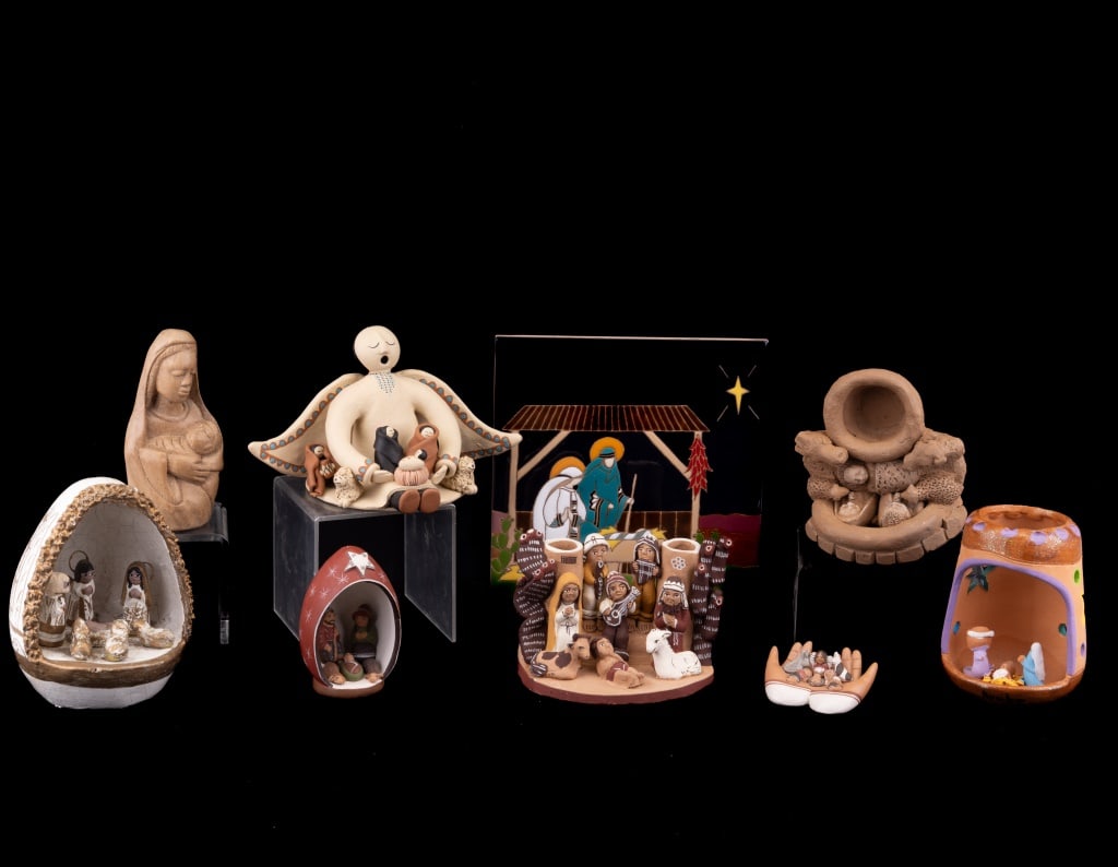 International Nativity Sets of Clay, Tile & Wood: Seven vintage international Christmas nativity pieces made from clay, tile and wood style from Peru (3 clay), Hawaii (clay), Aruba (Terracotta), St. Thomas (wood), Tanzania (clay), Jovenia (1 southwes