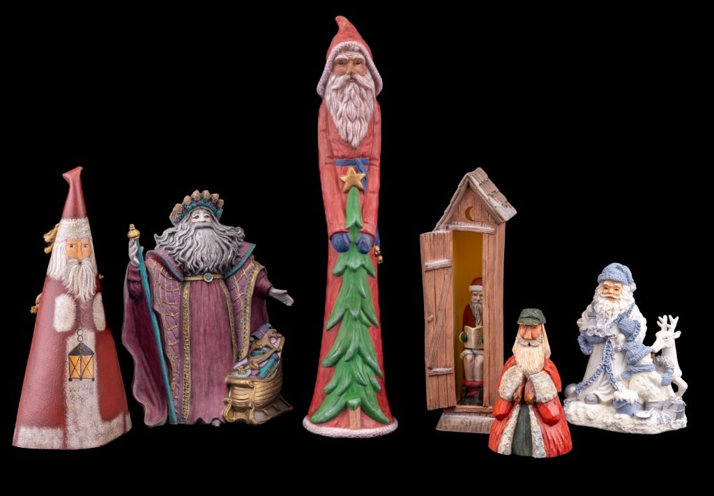 Vintage Santa Collection: Ceramic marked Lisa 1992 Wood signed KOZ '99. Artisan cloth Santa signed Valda Tull Resin snow buddies Tallest is 11" high. Very good used condition as seen in photo.