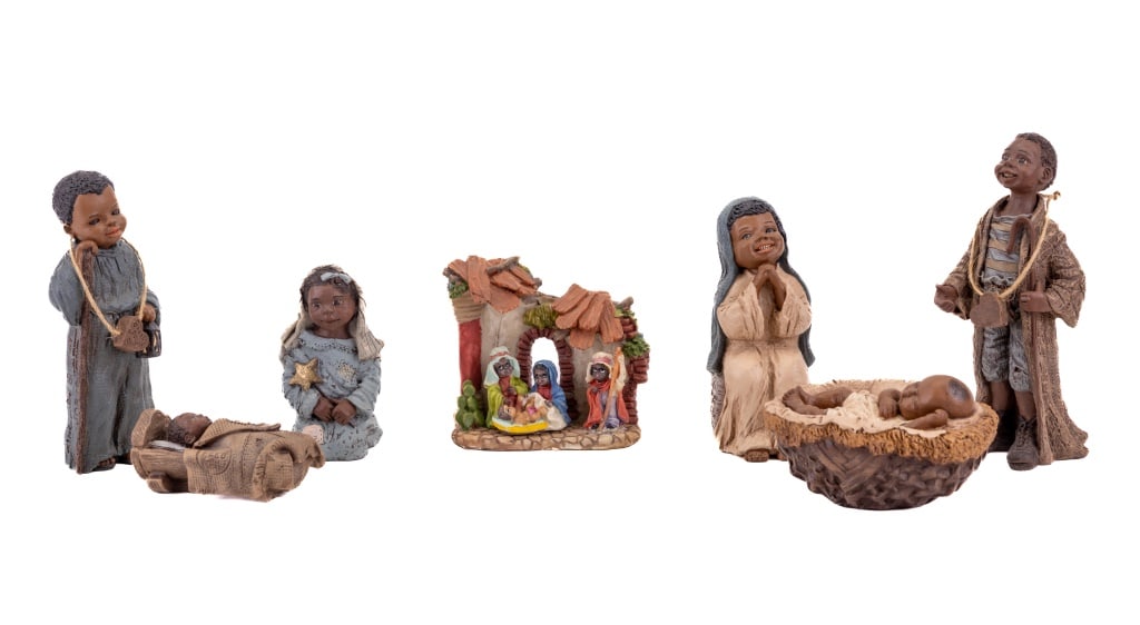 Nativity Sets Holcombe & Sarah Attic: Collection of two Nativity sets including All God's Children set by Martha Holcombe with COA and Sarah's Attic set with COA (Joseph figurine measures approximately 5 1/2" high). Christmas.