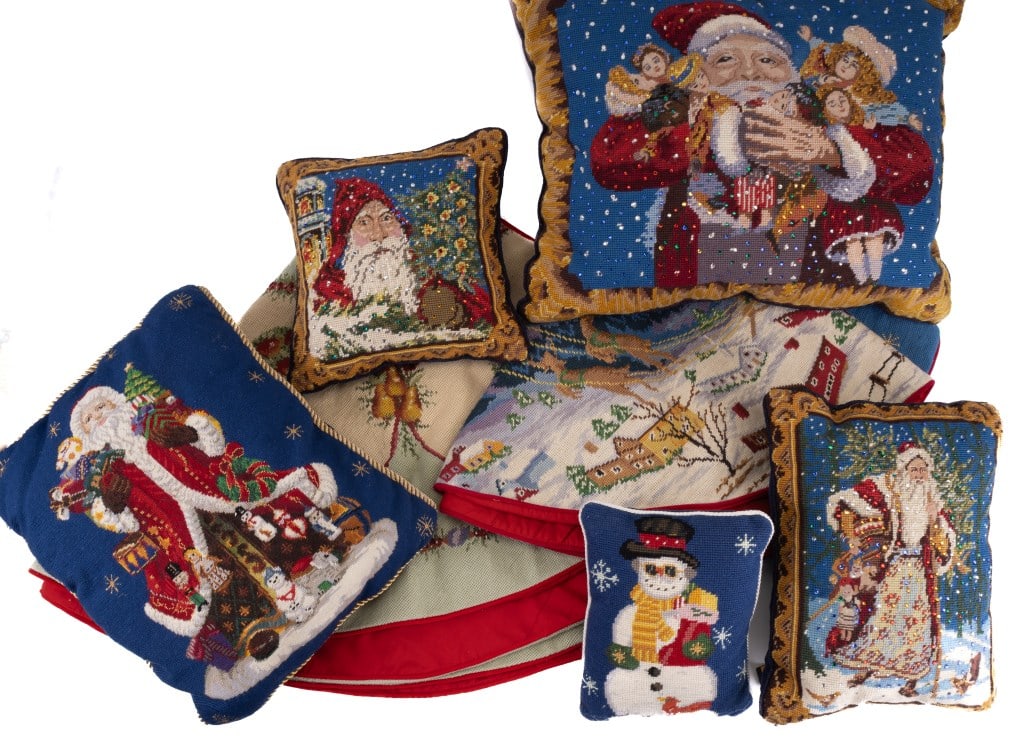 C. Radko Pillows & Christmas Tree Skirt: Includes five Christopher Radco pillows (three with sparkles, two without). Radco Christmas tree skirt (42" diameter) and needlepoint Christmas tree skirt.