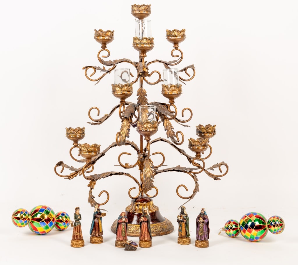 C. Radko Christmas Ornaments, Other Nativity Tree: Two large colorful Christopher Radko Christmas ornaments (15th Anniversary Triple Harlequin Glass Ornament).Nativity Christmas tree and figurines (some with slight damage) from unknown maker (approxim