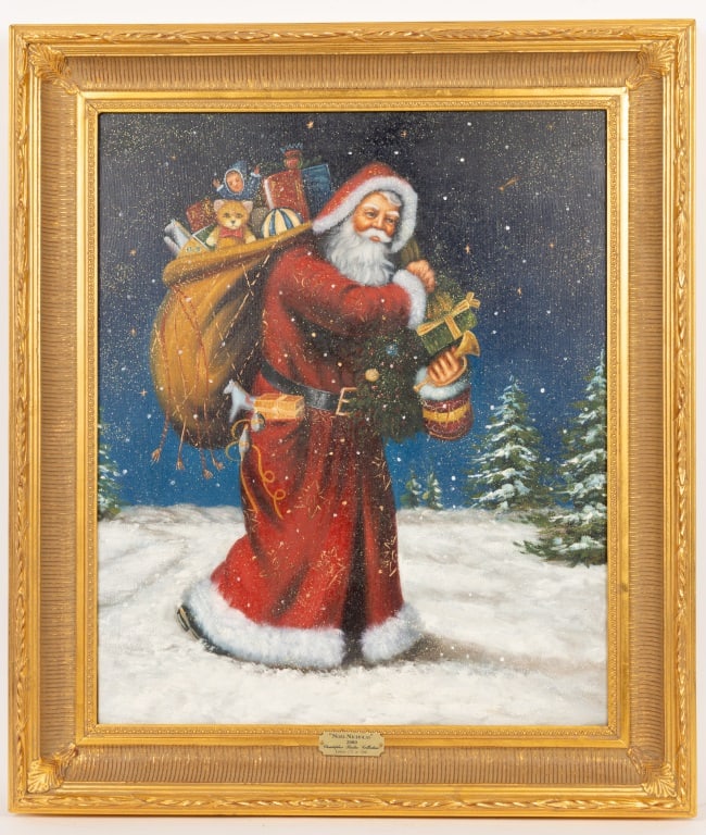 Radko 2000 Noel Nicholas Limited Edition Painting: Christopher Radko collectible Christmas painting on canvas with gilt frame and original box, limited edition 171 / 500 with COA. Approx 20" x 24". Item # 00-559-0