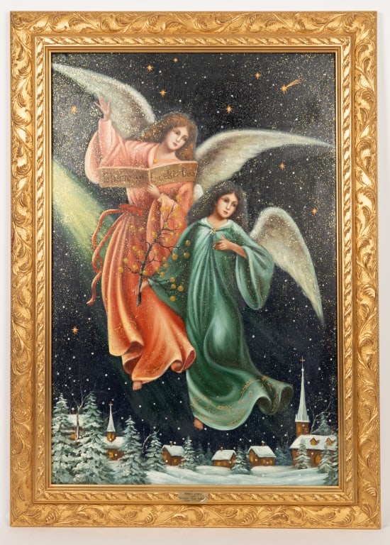 Radko 1999 Angels on High Christmas Painting: Christopher Radko collectible Christmas painting on canvas with gilt frame in original box, limited edition 112 / 500 with COA. Approx 30" x 42" OD. Originally $750.
