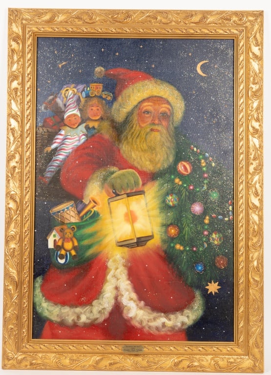 Radko 1998 Lighting the Way Christmas Painting: Christopher Radko collectible Christmas painted on canvas with gilt frame in original box, limited edition 146 / 500 with COA. Approx 24" x 36" ID, 30" x 42" OD. Originally $750. Item# 98-653-0