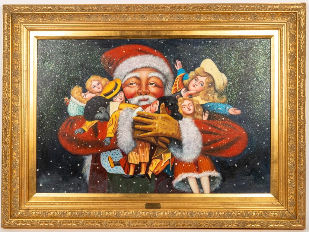 Radko 1999 Christmas Joy Painting on Canvas: Christopher Radko collectible Christmas painting on canvas with gilt frame in original box, limited edition 261 / 500 with COA. Approx 24" x 36" ID, 30" x 42" OD. Originally $750. Item# 96 PG.