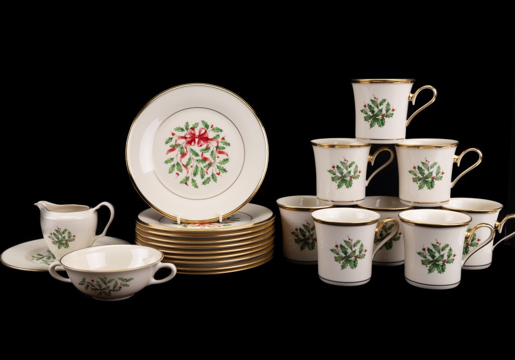 Lenox "Holiday" Pattern Plates, Cups, More: 10 gold rimmed Holiday and mixed pattern plates with holly and berries (nine 8" dia and one smaller), 8 Christmas cups, single bullion cup, and a creamer. Christmas.
