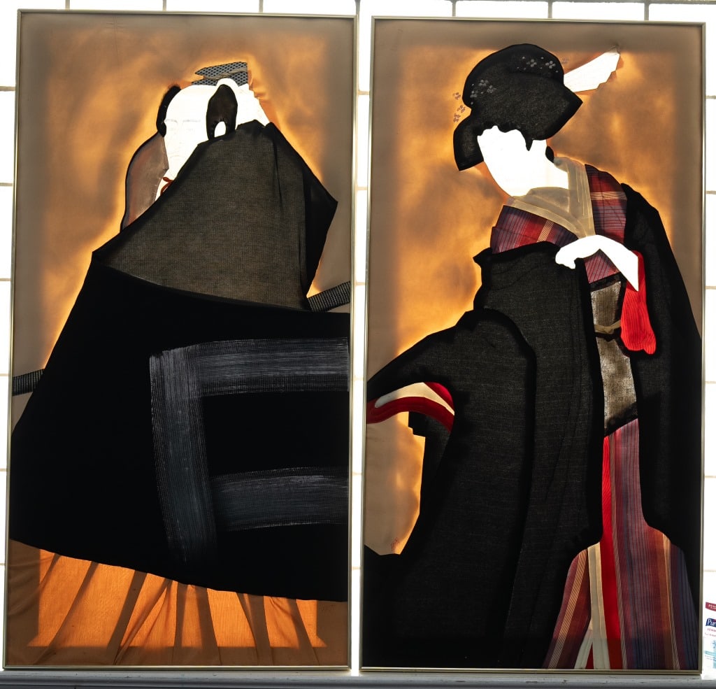 Large Scale Fritts Japanese Embroidered Art: Pair of Japanese dimensional embroidered art of a man and woman. Each measure approx 28.25" W x 54.5" L. Signed Fritts.