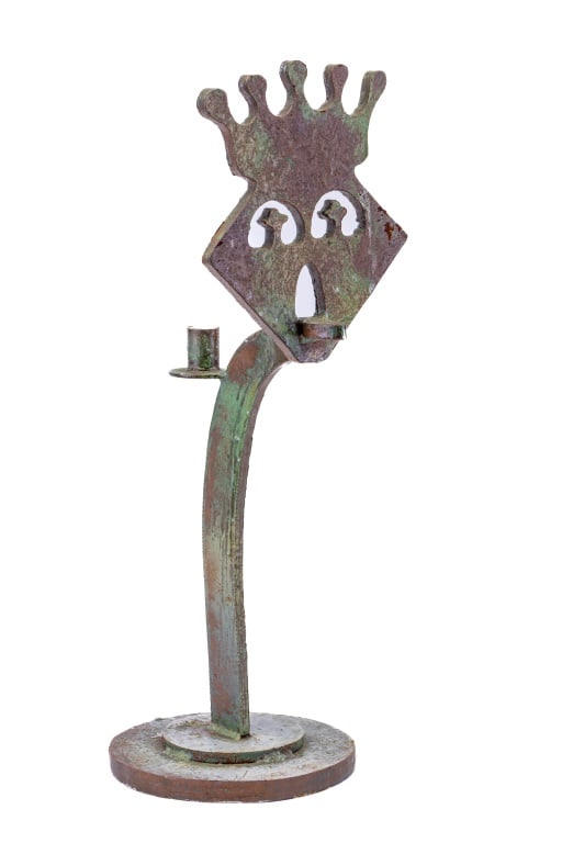 20th C Modern Style Figural Candle Holder: 20th Century heavy guage iron construction of a crowned figural candle holder, approx 20" H.