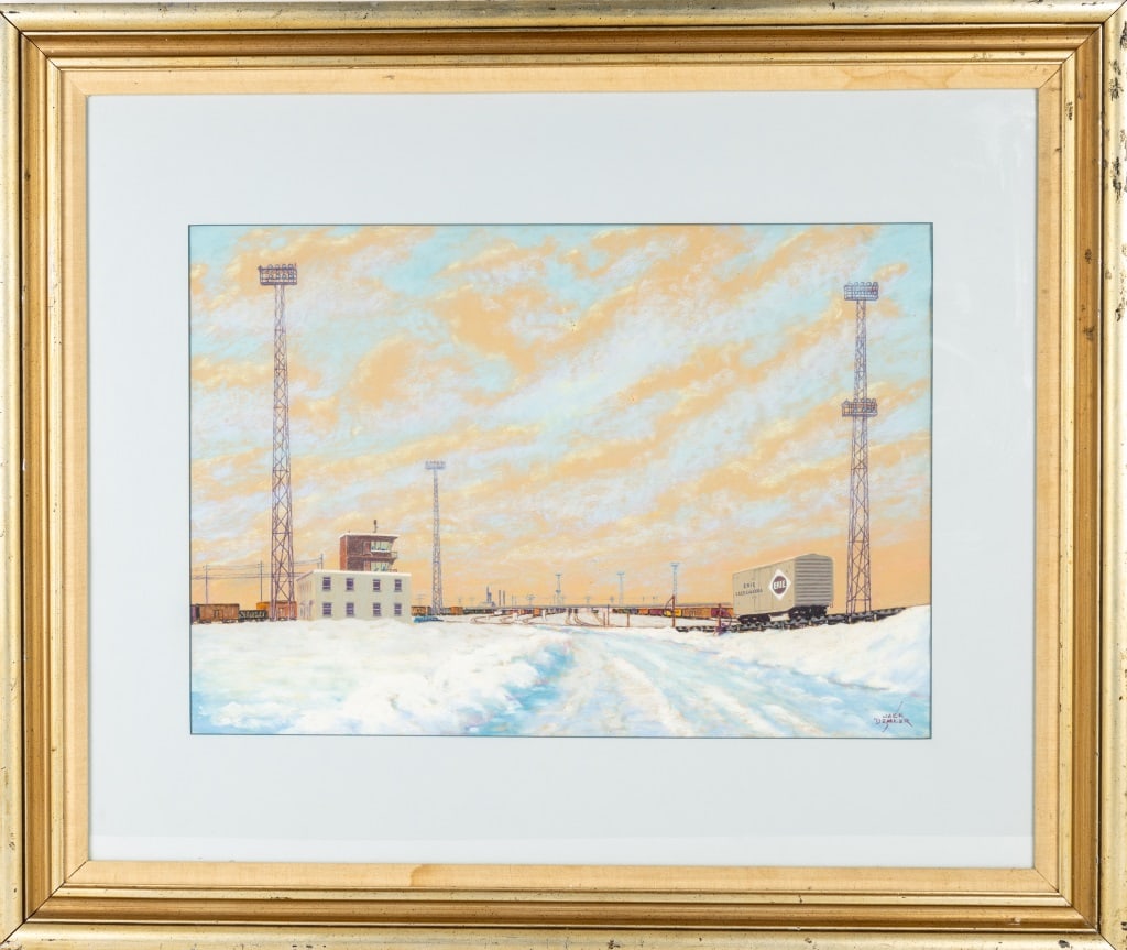 Pastel Industrial Railroad Art: Highly detailed pastel on paper industrial railroad art signed Demler in LR. Measures approx 31" x 37" OD. Frame in fair condition.