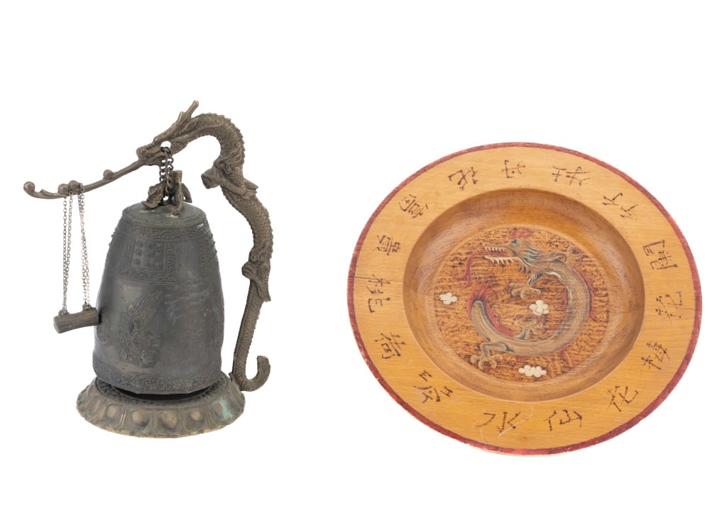 20th C Gong & Asian Wood Plate: 20th century bronze gong and wooden Asian plate with dragon. Gong measures approx 11" H and plate is approx 12.5" dia.