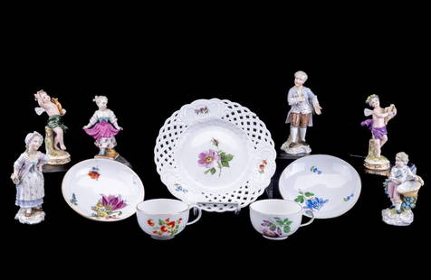 Meissen and Other Figurines (6) plus Cups/Saucers: Three porcelain figural couple pairs (1) crossed sword marked couple standing approx 5.75" H on similar bases (woman has some loss and repair / head), (2) purple skirted girl and basket holding boy (m