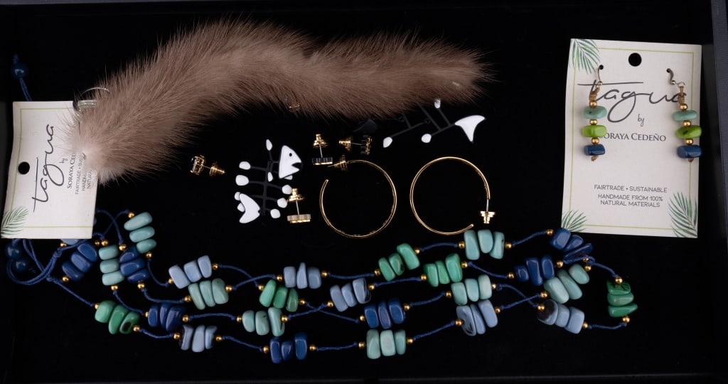 Artisan and Designer Jewelry & Mink Keychain: Tory Burch collection of logo, enameled mismatched fish bone earrings and other styles, artisan handmade Taguna necklace with matching earrings and long, mink keychain.