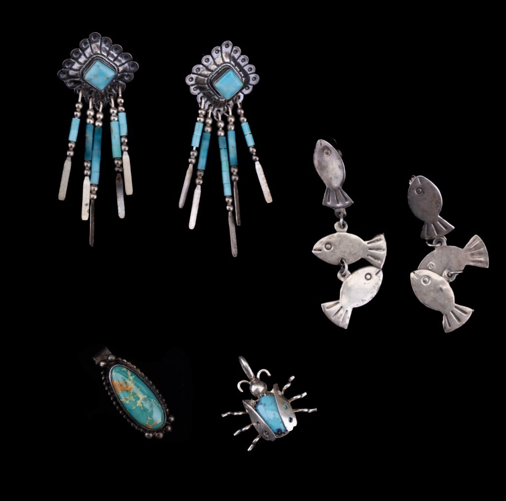 Vintage Sterling Native American Turquoise Jewelry: Native American sterling turquoise dangle earrings, Mexico sterling fish earrings and two sterling turquoise pendants.