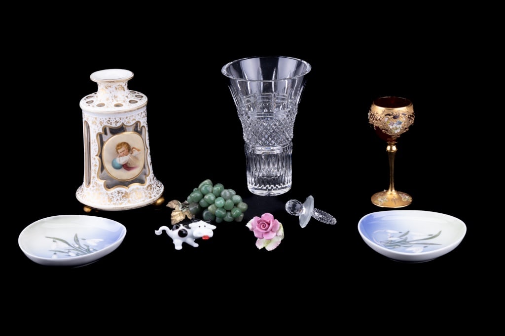 Waterford Crystal, Bavarian Glass, Stone Grapes +: A pair of Royal Copenhagen small plates, Waterford crystal glass measuring approx. 6" high in good shape, a Bavarian glass stem (4.5" high approx.), a Cassiar Jade Collection hand carved stone and jad