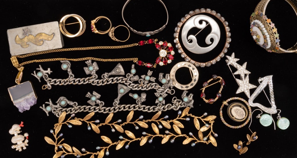 Vintage Estate Jewelry Collection: Sampling includes amethyst geode pendant, Native American style cuff bracelet, Danecraft harp pin, MMA necklace, trinket box, Native American style charm bracelet (missing one cabochon) and more.
