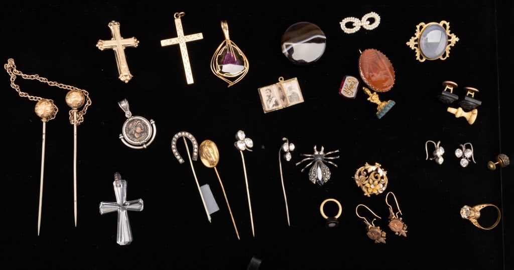 Victorian and Estate Jewelry Collection: Large collection including sterling Victorian carved carnelian hunt scene earrings, pins, stick pins, crosses, carved jet and more.