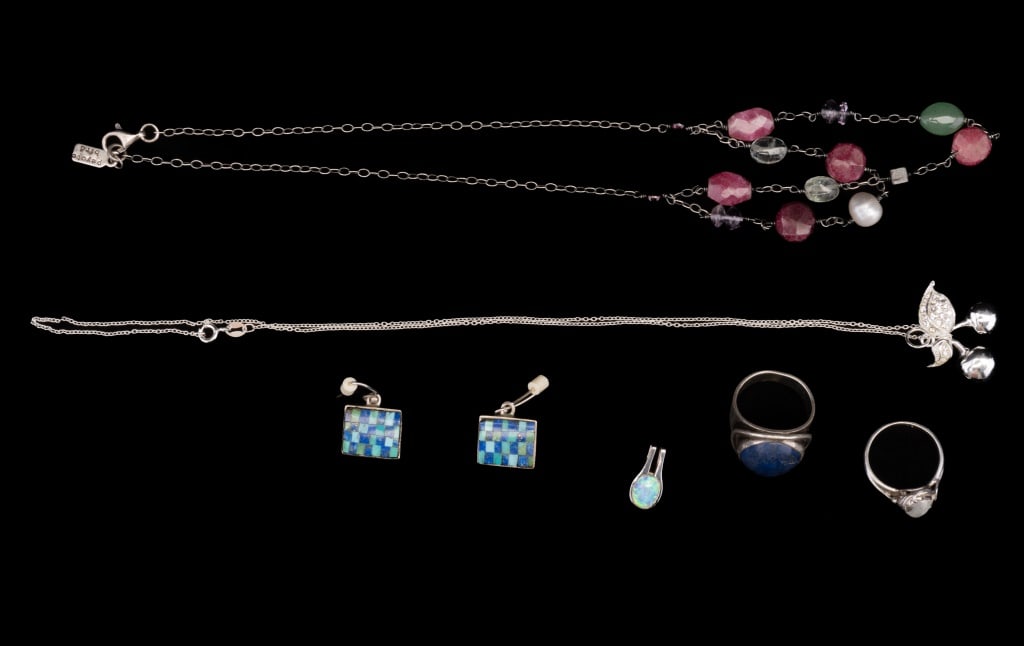 Sterling Jewelry: Sterling jewelry including Peyote Bird beaded double strand drop (wearable approx 15" L). Also includes a pair of inlay checkerboard style earring, opal pendant, and more