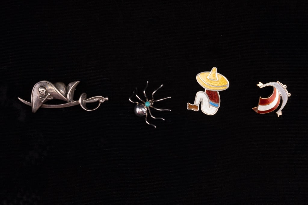 Sterling Signed Brooch & Vintage Pins: Sampling includes sterling "Marlene" signed pirate scabbard pin, two Mexican pins (one enamel and "Norway" enamel sterling ship pin.