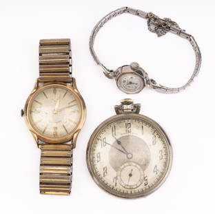 Three Hamilton Vintage Watches: Three Hamilton watched including antique 17 jewel pocket watch, circa 1950 wind up 912 movement with white gold fill base in working order. As found and another as found condition.