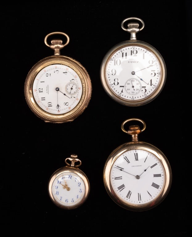 Four Antique Pocket Watches: Includes Waltham gold fill signed "Wm Ellery" movement (missing crystal in as found condition), "Progress" gold fill pocket watch in working order, "Equality" pocket watch and an unsigned Victorian po