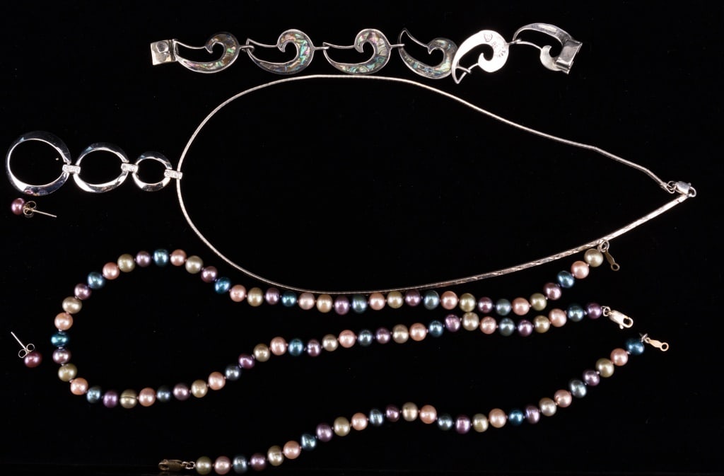 Tri-Colored Pearl Set & More Sterling Jewelry: Includes tri-color necklace, bracelet and earring set with sterling findings. Necklace measures approx 16" L and bracelet approx 7" L. There is also an abalone and sterling Taxco Mexican bracelet appr