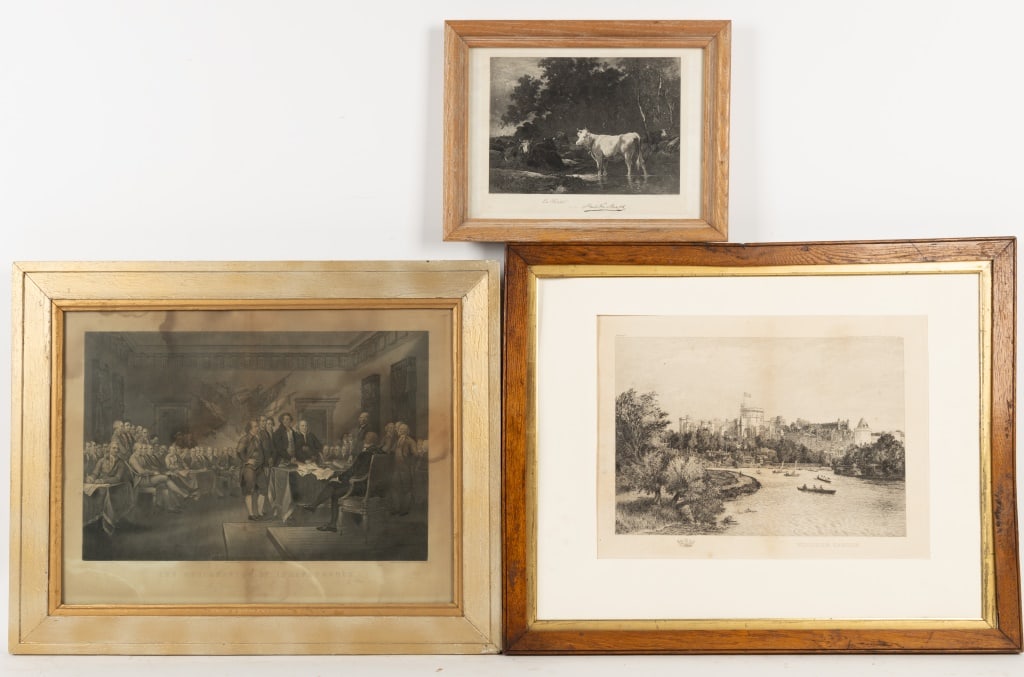 19th/20th C Lithographs (3): Lot includes La Foret (cow in a forest) copyrighted 1882 by George Barrie (approx. 9.5" h x 13" w), Windsor Castle publ. by Landeker Lee & Brown with no frame glass (approx. 18.5" h x 23.5" w), and se