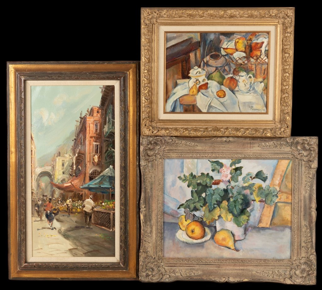 Lee Feinberg Paintings (2) & Bazaar Street Scene: Largest Feinberg painting measures 13" h x 18" w of canvas. Each depict still life images of fruit scenes in ornate frames. French style street scene signed faintly at lower left corner (24" h x 12" w