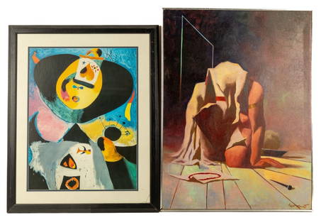 Kearse Oil on Canvas Painting & Joan Miro Print: Large oil on canvas is in post modernist style signed Kearse 95 measuring approx. 33" h x 25" w. Also includes an unsigned Joan Miro portrait print (glass has loss to corner).