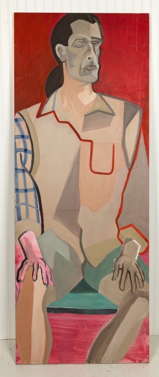 6.5' H Puglese Painting of Man on Door Panel: Modernist style painting of seated man by Greg Puglese on a door panel. Approx 78" H x 30" W.