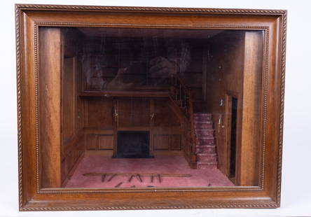 English Tudor Library Shadowbox: English Tudor style stand alone shadowbox library. Pink carpet, electrified brick fireplace with accessories including logs, coals, solid brass andirons and fender. Staircase with floral carpet leads