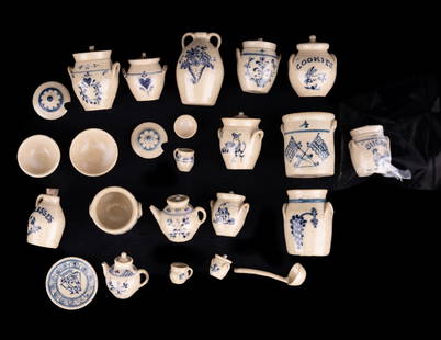 Jane Graber Stoneware Pottery Miniatures: Jane Graber stoneware pottery decorated with cobalt, one double-handled jug, eight covered crocks largest 1" high, two open crocks with lids, an open crock with no lid, two mugs, three bowls, a plate,