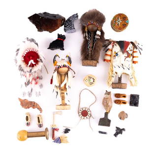 Native American Regalia Miniatures: Collection of 17 individual pieces of Native American miniatures. Includes three hand-beaded beaded feathered head-dresses with stands (tallest is 4" high with stand), hand-painted tunic depicting hun