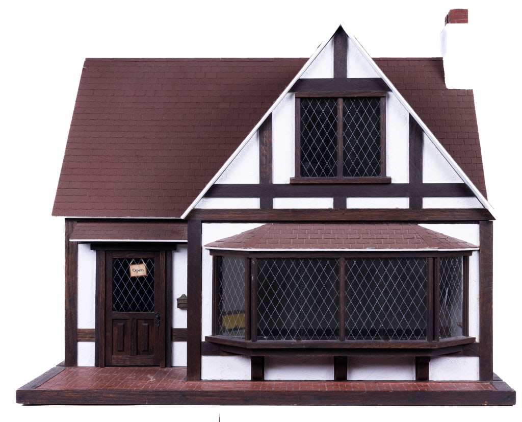 Medieval Renaissance Tudor Style House: Medieval Renaissance Tudor Style House with two sliding front access panels and detached second floor panel with missing pin. Exterior has horsehair plaster and timbre construction with tiled roof. Pa