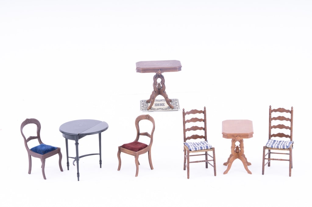Vintage Dollhouse Tables and Chairs: Collection features eight difference pieces including two ladderback cane-bottomed chairs with gingham cushions (both approximately3 3/8" high x 1 3/* wide x 1 1/4" deep, two end tables with scalloped