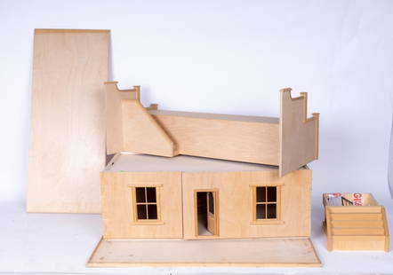 Solid Wood Ranch Style Dollhouse, Work In Progress: Solid wood work-in-progress ranch style dollhouse. This one story structure is made of solid sanded wood. Both exterior and interior are unfinished. Includes multiple open windows and a paned front do