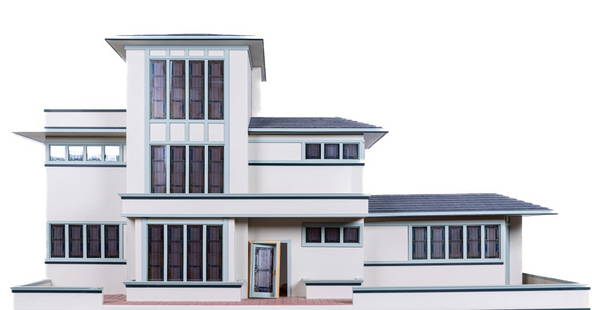 Art Deco Frank Lloyd Wright Dollhouse: Giant Art Deco Frank Lloyd Wright Golden Age Hollywood Dollhouse Mansion. Exterior is textured stucco with more than 40 stained glass style windows. Includes three matching stain-glassed doors that ha