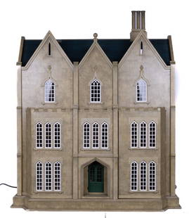 Massive Gothic Victorian Mansion Dollhouse: Massive Gothic Victorian Mansion Dollhouse Three-and-a-half story exterior is stone-look painted wood. Front hinges open in two panels for access. Eighteen front windows are fitted with real glass. Wo