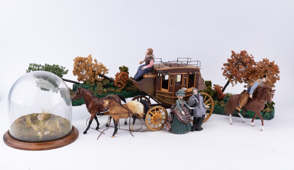 1800s Wild West Display Carriage: 19th Century wood carriage with 3 plastic horses (one with saddle) meant for display and not a toy. Includes 4 porcelain figurines including gentleman, lady, cowboy and carriage driver (all approx 6" 