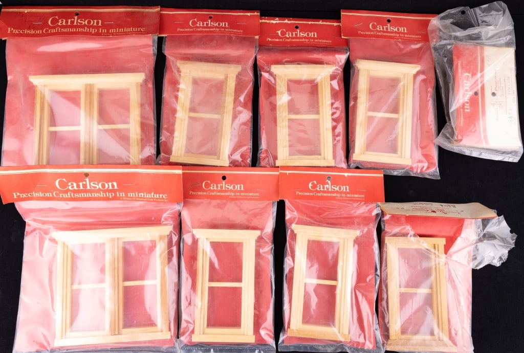 Carlson Dollhouse Windows (9): Nine Carlson windows for dollhouses. Seven are sized to fit opening 2 9/16" W x 5 1/16 H.