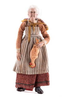 Artisan Character Doll Holding Chicken Miniature: Handmade artisan doll with great facial and other details. She is approx 5.5"H. Represents an English Grandmother / white haired woman wearing a bonnet and apron and holding a chicken. Her left hand i