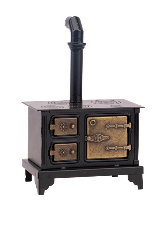Cook Stove in Original Box Miniature: Nineteenth Century pioneer cast iron style cook stove in original box by Town Square Miniatures (approximately 6" high x 4" wide x 2 1/4" deep).