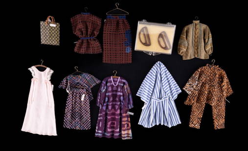 Thelma DeMet Clothing Boutique Miniatures: Nice assortment of miniatures by Thelma DeMet, includes a dress 4 3/8"H, top with matching slacks, two tops with matching skirts, blouse with jeweled collar, robe, nightgown and a Louis Vuitton bag. C