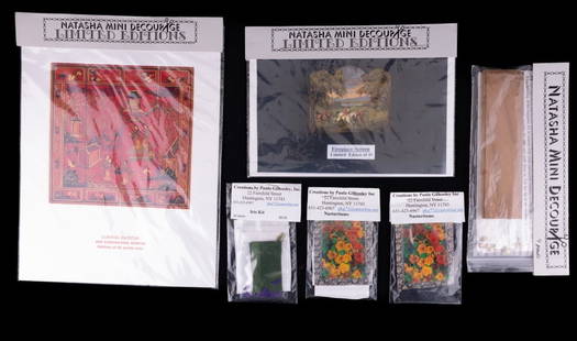 Gilhooley, Natasha & More Miniatures Kits: Red Coromandel screen, fireplace screen with English fox hunting scene, miniature build kit, all by Natasha Mini Decoupage. Also includes three kits for making miniature flower by Paula Gilhooley, two