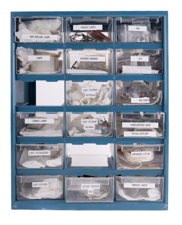 Lighting & Electrical Fittings for Dollhouses: Storage caddy measuring approx 18" H x 14.5" W x 6.25" D with 16 drawers including 3 drawers full of bottles and glasses to outfit a bar. All others are electrical fittings and light fixtures.