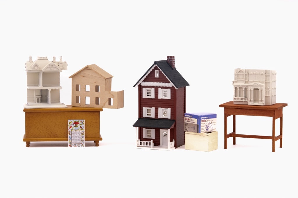 4 Signed Dollhouses (3 Unfinished) & Accessories: (1) 1:144 scale furnished dollhouse signed "TLL 81", (2) unfinished 1:144 scale dollhouse (signed on bottom by maker 1989), (3) unfinished 1:144 scale dollhouse signed "Kummerow 82" with removable fro